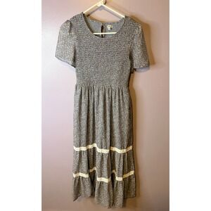 FEHRNVI Smocked Floral Boho Cottagecore Midi Dress Lace Trim Puff Sleeve S